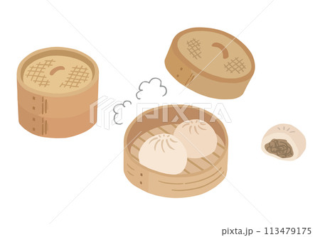 肉まん・豚まん・蒸籠の手描きイラストセット（カラー/輪郭線なし） 113479175