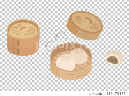 肉まん・豚まん・蒸籠の手描きイラストセット（カラー/輪郭線なし） 113479175