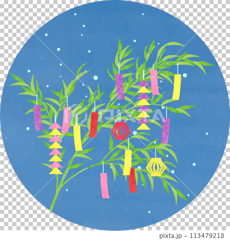 Illustration of starry sky and Tanabata bamboo decorations 113479218