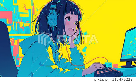 パソコンでゲームをする女の子　AI 113479228