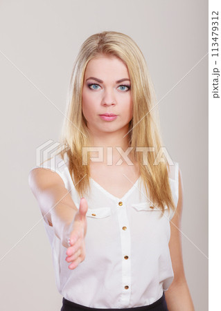 woman giving palm for handshake woman giving palm for handshake 113479312
