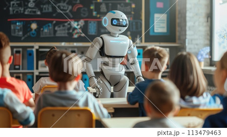AI Content Generation. AI robot teaches curious kids in a futuristic classroom. Education meets technology 113479463