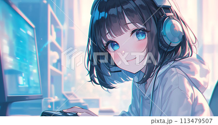 パソコンでゲームをする女の子　AI 113479507