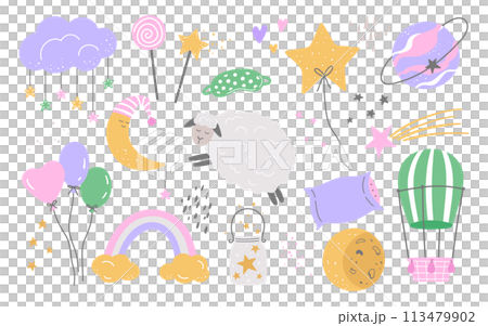 Cute sleeping elements in childish style. Hand drawn planet, moon, stars, sheep, rainbow, clouds, pillow in bright colors Cute sleeping elements in childish style. Hand drawn planet, moon, stars, sheep, rainbow, clouds, pillow in bright colors 113479902