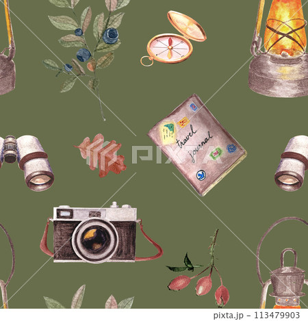Camera, binocular, compass plants watercolor seamless pattern on green background. Hand drawn high quality art in simple flat style for woodland kids designs, textile, interior decor, stickers, logo 113479903