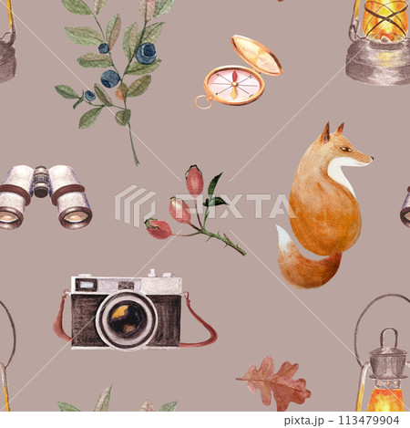 Fox with a binocular, camera, compass rose hip watercolor seamless pattern on cocoa background. Hand drawn high quality art in simple style for woodland kids designs, textile, interior decor, logo 113479904
