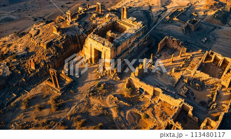 Shadows of Antiquity: Ancient Ruins at Desert's Dawn 113480117