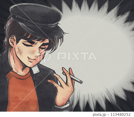 喫煙する不良学生のイラスト・集中線アイキャッチ 喫煙する不良学生のイラスト・集中線アイキャッチ 113480252
