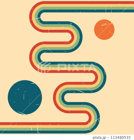 Abstract vintage retro background. Twisted wavy rainbow and circles. Grunge texture. Vector illustration 113480535