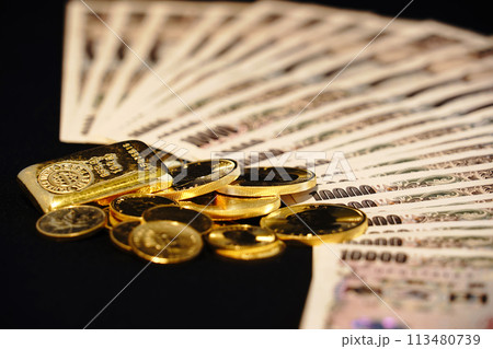 金貨などの実物資産とお札の共演 金貨などの実物資産とお札の共演 113480739