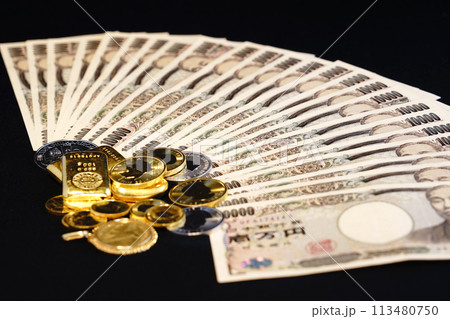 金貨などの実物資産とお札の共演 金貨などの実物資産とお札の共演 113480750