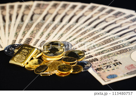 金貨などの実物資産とお札の共演 113480757