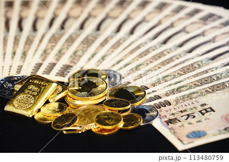 金貨などの実物資産とお札の共演 113480759