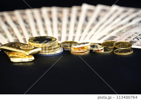 金貨などの実物資産とお札の共演 金貨などの実物資産とお札の共演 113480764