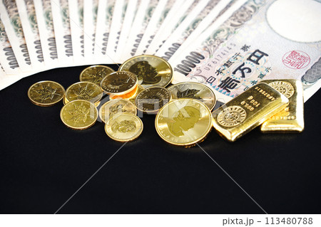 金貨などの実物資産とお札の共演 113480788