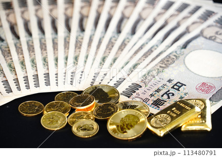 金貨などの実物資産とお札の共演 113480791