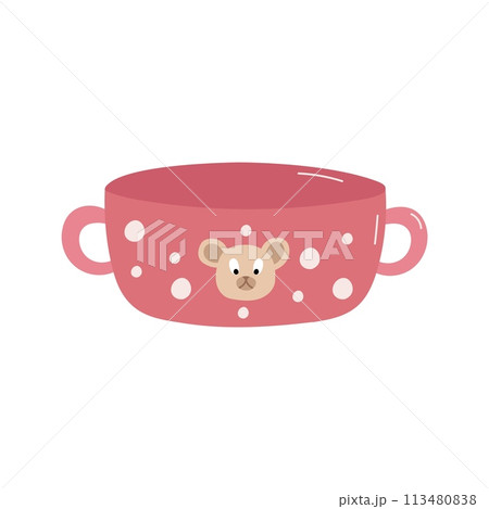 Childrens pink polka dot plate with bear face. Children tableware. Vector illustration. Childrens pink polka dot plate with bear face. Children tableware. Vector illustration. 113480838