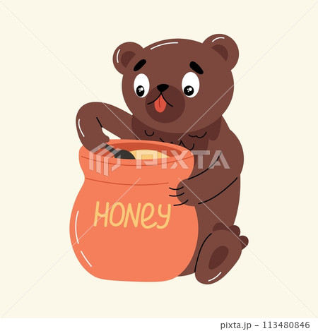 A bear eats honey with a spoon. 113480846