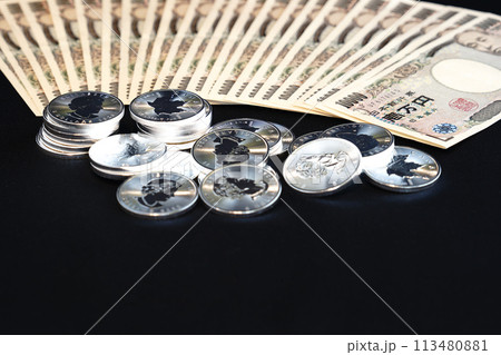 美しい輝きを放つ実物資産の銀貨と紙幣 美しい輝きを放つ実物資産の銀貨と紙幣 113480881