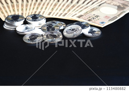 美しい輝きを放つ実物資産の銀貨と紙幣 113480882