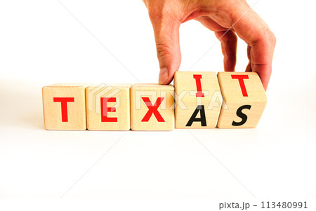 Texas or Texit symbol. Concept word Texas or Texit on beautiful wooden cubes. Beautiful white table white background. Businessman hand. Business Texas or Texit concept. Copy space. 113480991
