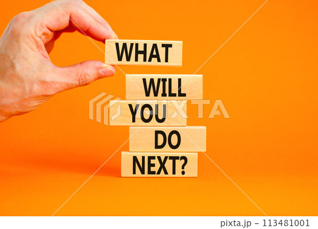 What will you do next symbol. Concept words What will you do next on wooden blocks. Beautiful orange table orange background. Businessman hand. Business, what will you do next concept. Copy space. What will you do next symbol. Concept words What will you do next on wooden blocks. Beautiful orange table orange background. Businessman hand. Business, what will you do next concept. Copy space. 113481001