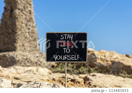 Stay true to yourself symbol. Concept word Stay true to yourself on beautiful black chalk blackboard. Beautiful red stone blue sky background. Business stay true to yourself concept. Copy space 113481031