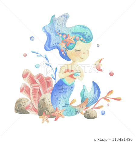Mermaid is a little girl with long hair and a tail. Watercolor illustration hand drawn with pastel colors turquoise, blue, mint, coral. Composition isolated from background 113481450