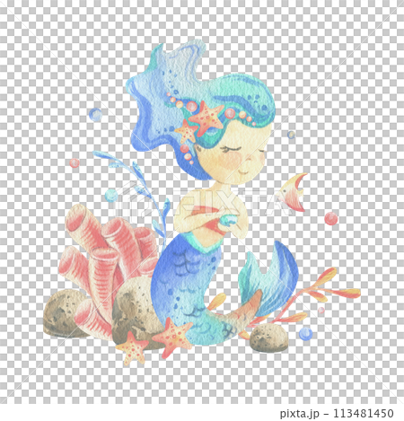 Mermaid is a little girl with long hair and a tail. Watercolor illustration hand drawn with pastel colors turquoise, blue, mint, coral. Composition isolated from background Mermaid is a little girl with long hair and a tail. Watercolor illustration hand drawn with pastel colors turquoise, blue, mint, coral. Composition isolated from background 113481450