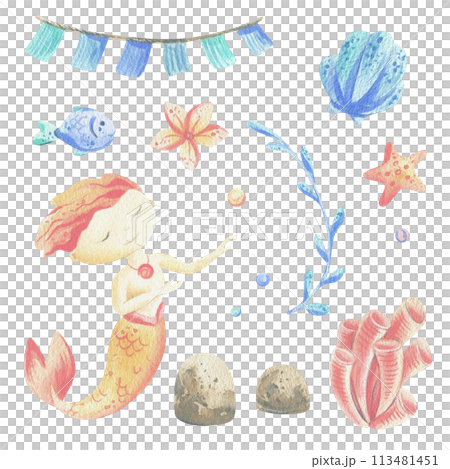 Mermaid is a little boy with fish, seashell, corals, algae, starfish. Watercolor illustration hand drawn with pastel colors turquoise, blue, coral, pink. Set of elements isolated from background Mermaid is a little boy with fish, seashell, corals, algae, starfish. Watercolor illustration hand drawn with pastel colors turquoise, blue, coral, pink. Set of elements isolated from background 113481451