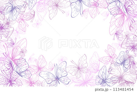 Butterflies are pink, blue, lilac, flying, delicate line art. Graphic illustration hand drawn in pink, lilac ink. Square frame, template EPS vector 113481454
