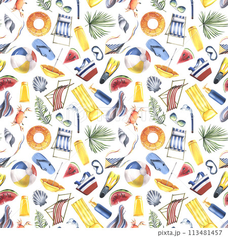 Beach summer accessories, sea holiday toys. Watercolor illustration, hand drawn. Seamless pattern on a white background for fabric, textile, wallpapers, packaging, decor, prints 113481457