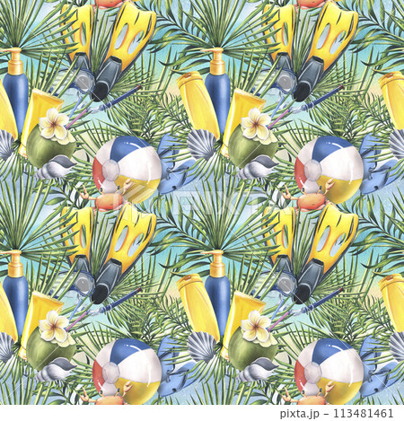 Tropical, beach, summer, seamless pattern, bright with flippers, beach ball, sun creams, palm leaves and crab. Watercolor illustration, hand drawn. For fabric, textile packaging print 113481461
