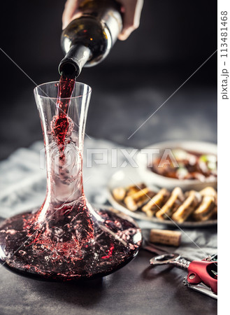 Red wine is poured from a bottle into a carafe on a table on which there is venison, Hungarian or Viennese goulash with Karlovy Vary dumplings 113481468