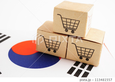 Online shopping, Shopping cart box on South Korea flag, import export, finance commerce. Online shopping, Shopping cart box on South Korea flag, import export, finance commerce. 113481557