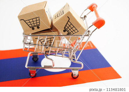 Online shopping, Shopping cart box on Laos flag, import export, finance commerce. 113481801