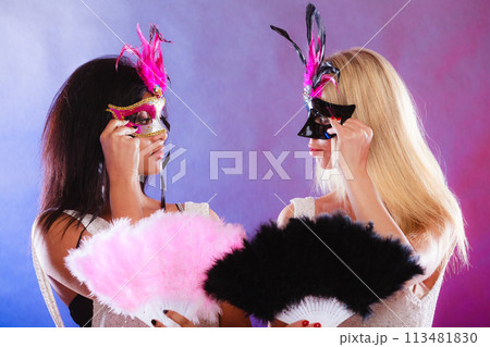 Two women with carnival venetian masks Two women with carnival venetian masks 113481830