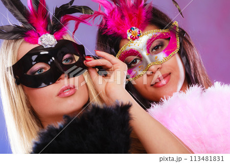 Two women with carnival venetian masks 113481831