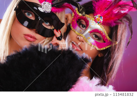 Two women with carnival venetian masks Two women with carnival venetian masks 113481832