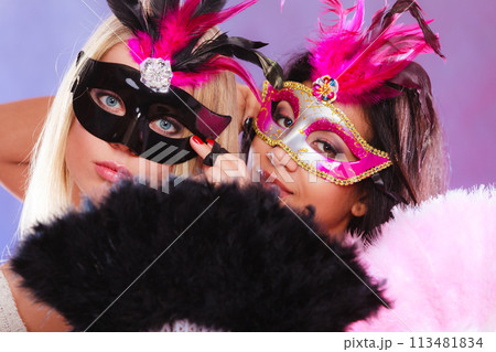 Two women with carnival venetian masks 113481834