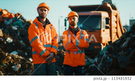 A team of Caucasian male garbage collectors is helping to collect trash in the city. A team of Caucasian male garbage collectors is helping to collect trash in the city. 113481932