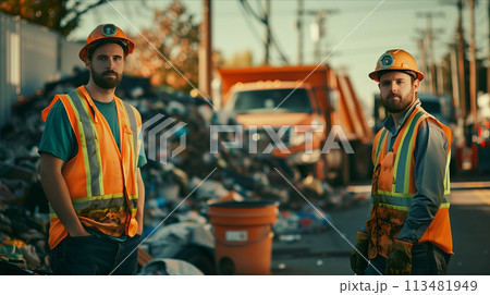 A team of Caucasian male garbage collectors is helping to collect trash in the city. 113481949