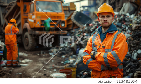 A team of Caucasian male garbage collectors is helping to collect trash in the city. 113481954