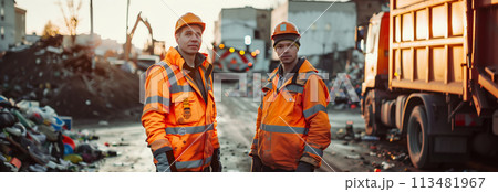 A team of Caucasian male garbage collectors is helping to collect trash in the city. 113481967