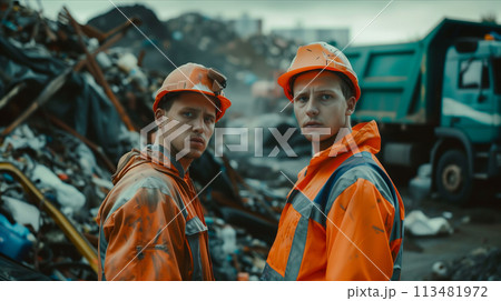 A team of Caucasian male garbage collectors is helping to collect trash in the city. 113481972