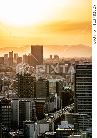 【東京都】夕日に染まる都会の街並み 113482025