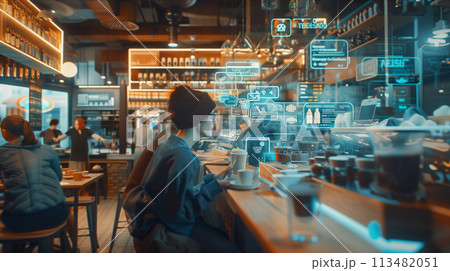Selective focus of AR glasses view of coffee shop with programmable command buttons and text floating in the air. Selective focus of AR glasses view of coffee shop with programmable command buttons and text floating in the air. 113482051