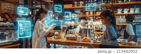 Selective focus of AR glasses view of coffee shop with programmable command buttons and text floating in the air. Selective focus of AR glasses view of coffee shop with programmable command buttons and text floating in the air. 113482052