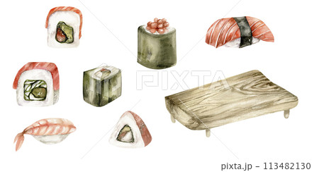 Sushi set with sashimi with salmon, rolls with caviar, sushi with fish and wooden plate watercolor illustration. Hand drawn food clip art for restaurant, lavel, cafe, menu design. Sea food collection 113482130