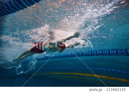 Beauty of athleticism in action. Dynamic image of young man, athlete in motion, swimming in s pool indoors, training Beauty of athleticism in action. Dynamic image of young man, athlete in motion, swimming in s pool indoors, training 113482135
